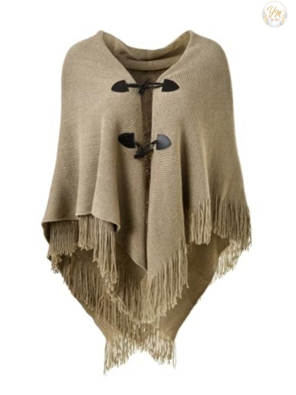 Womens Loose Poncho Cape Shawl Acrylic Horn Buttons V Neck Fringe Wrap